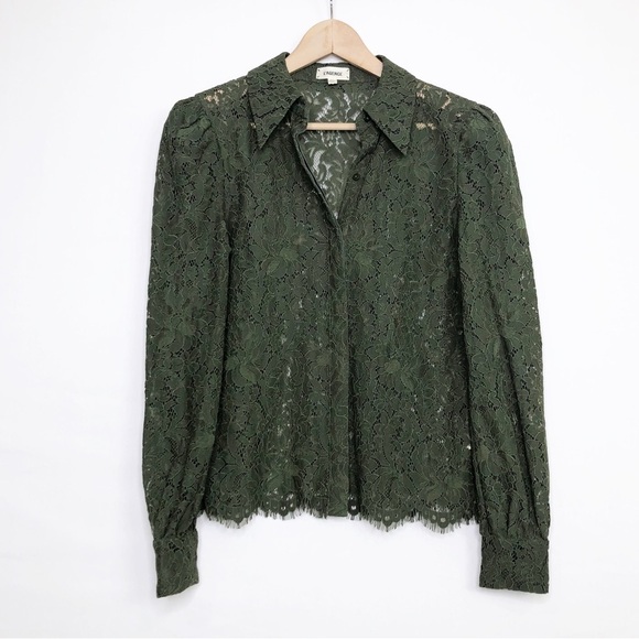 L’AGENCE Olive green, sheer lace, button-down puff sleeve shirt - Picture 10 of 12